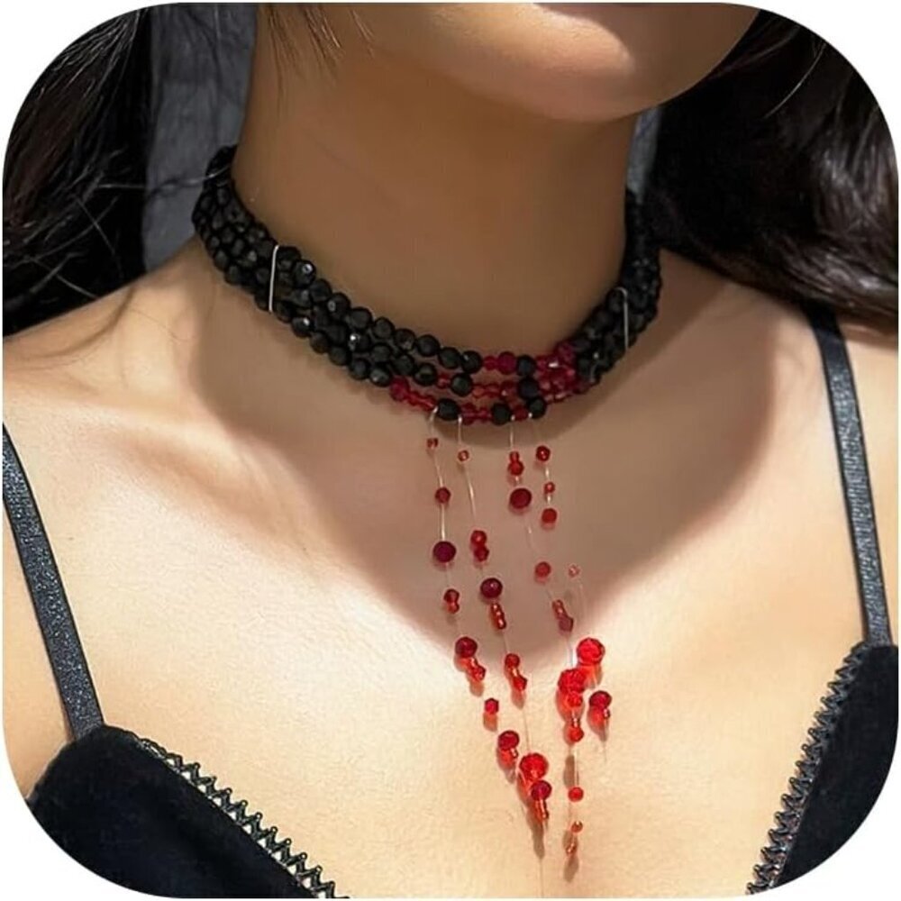 Blood Pearl Necklace Faux Multi-Layer Gothic Adjustable Choker Jewelry